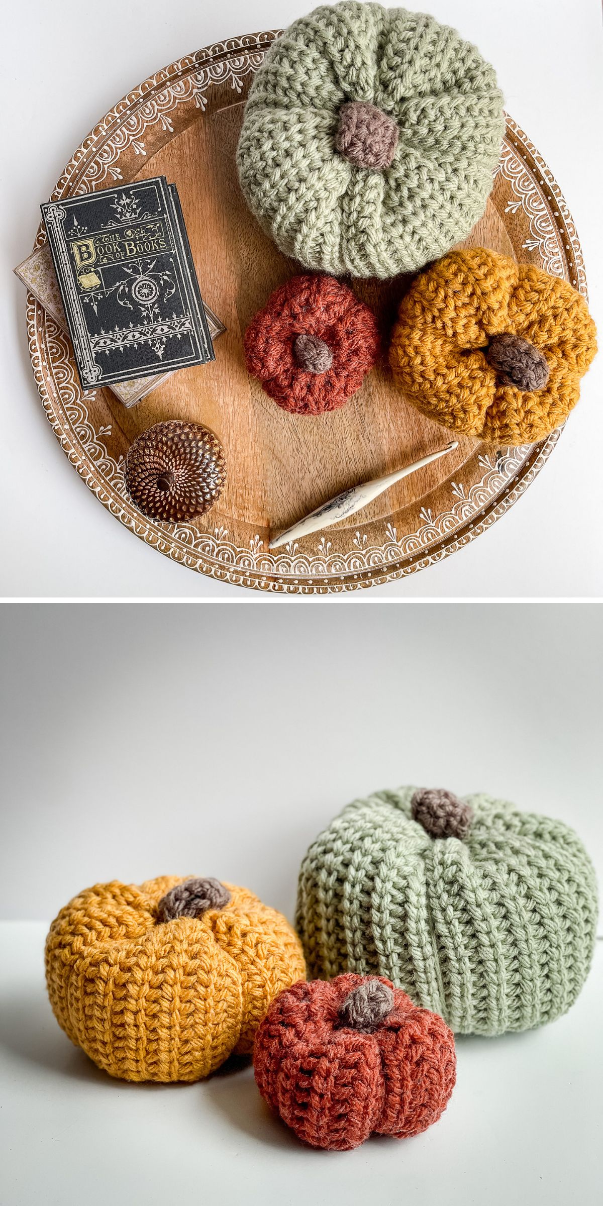 three crocheted pumpkins in different sizes and various colors
