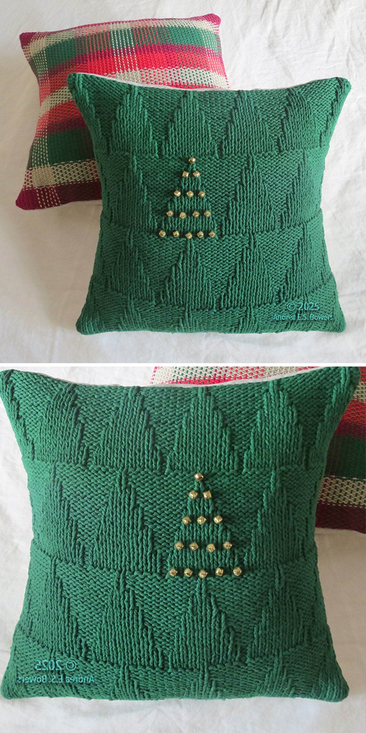 Two square knit pillows on a white surface; the front pillow features a small Christmas tree design, while the back showcases festive red, green, and white plaid — perfect knitted Christmas decorations for your home.