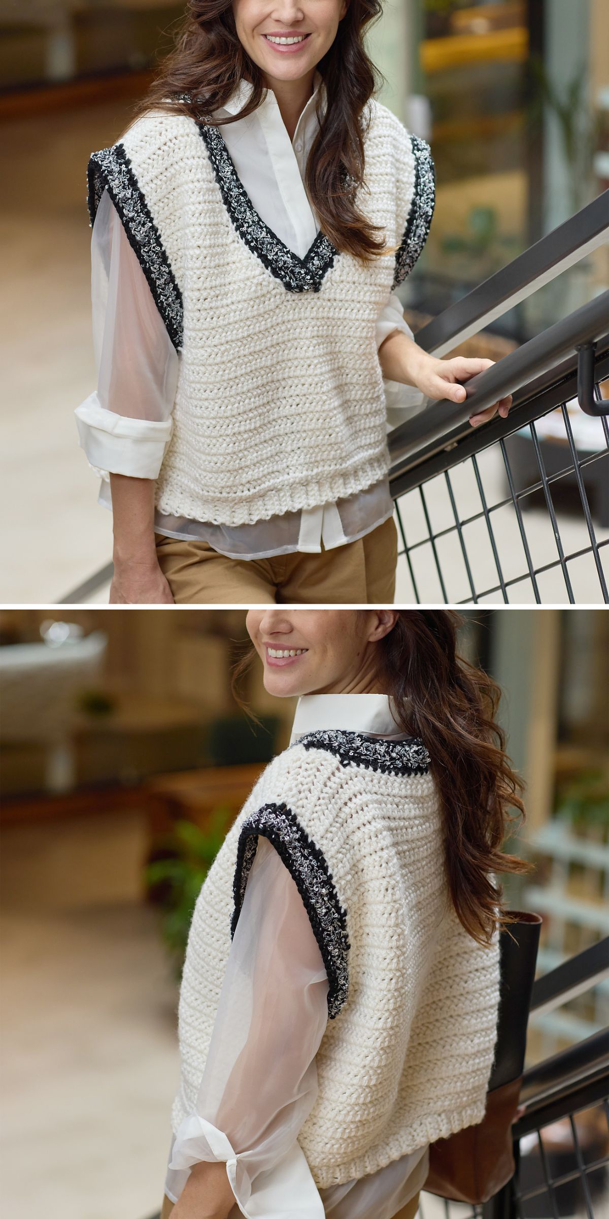 A person is elegantly poised near a railing, dressed in tan pants and a pristine white blouse, topped off with a stylish crochet vest.