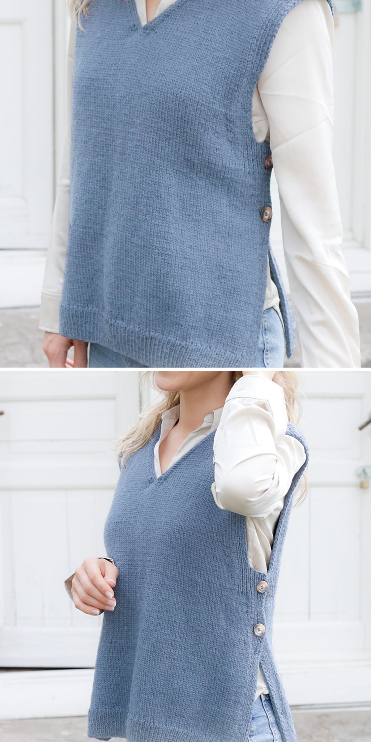 Person wearing a stylish blue knit vest over a white long-sleeve shirt. The vest features side buttons and is perfectly paired with light blue jeans.