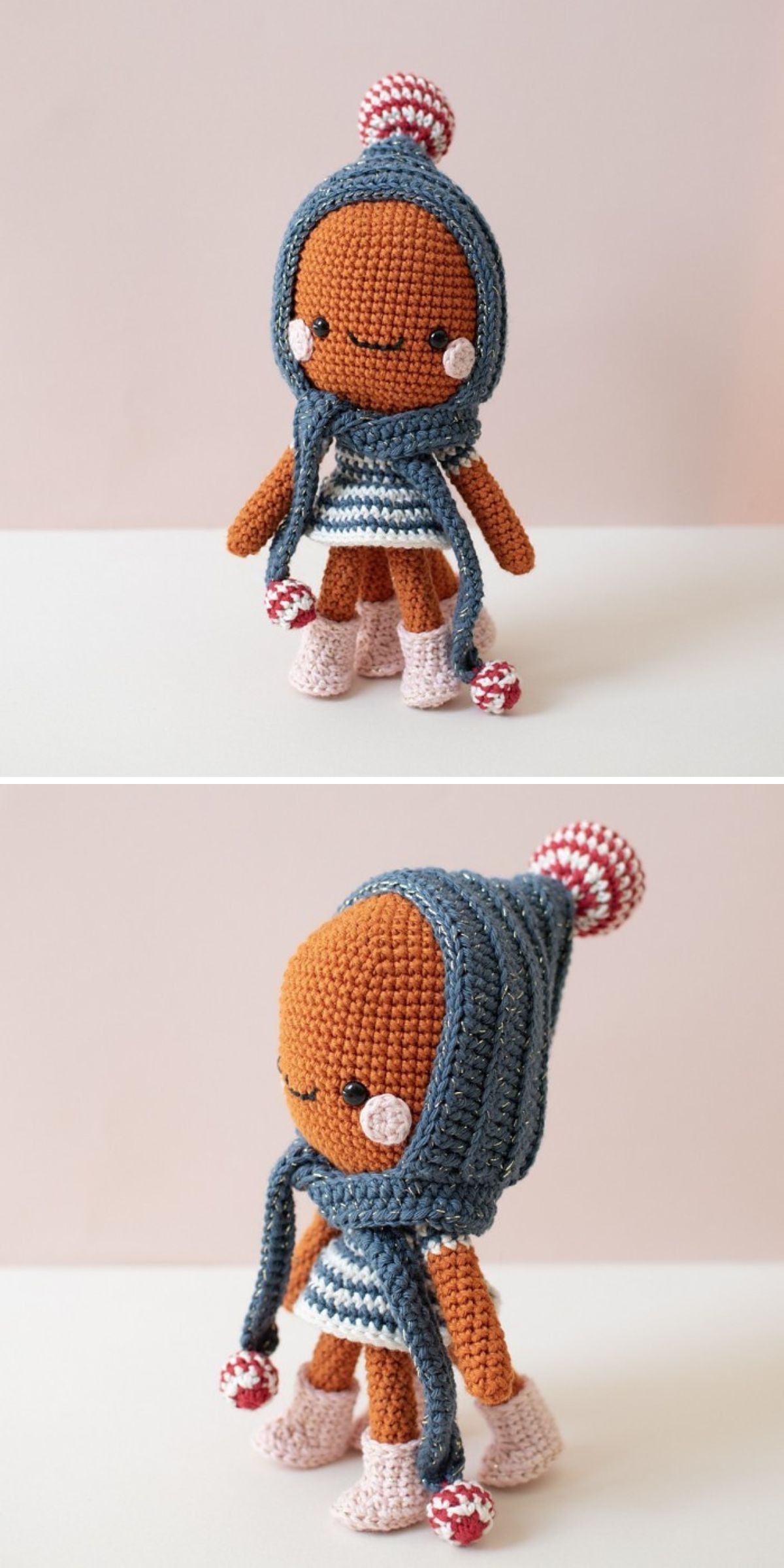 a crochet octopus wearing a pom-pom hat, scarf, dress and boots
