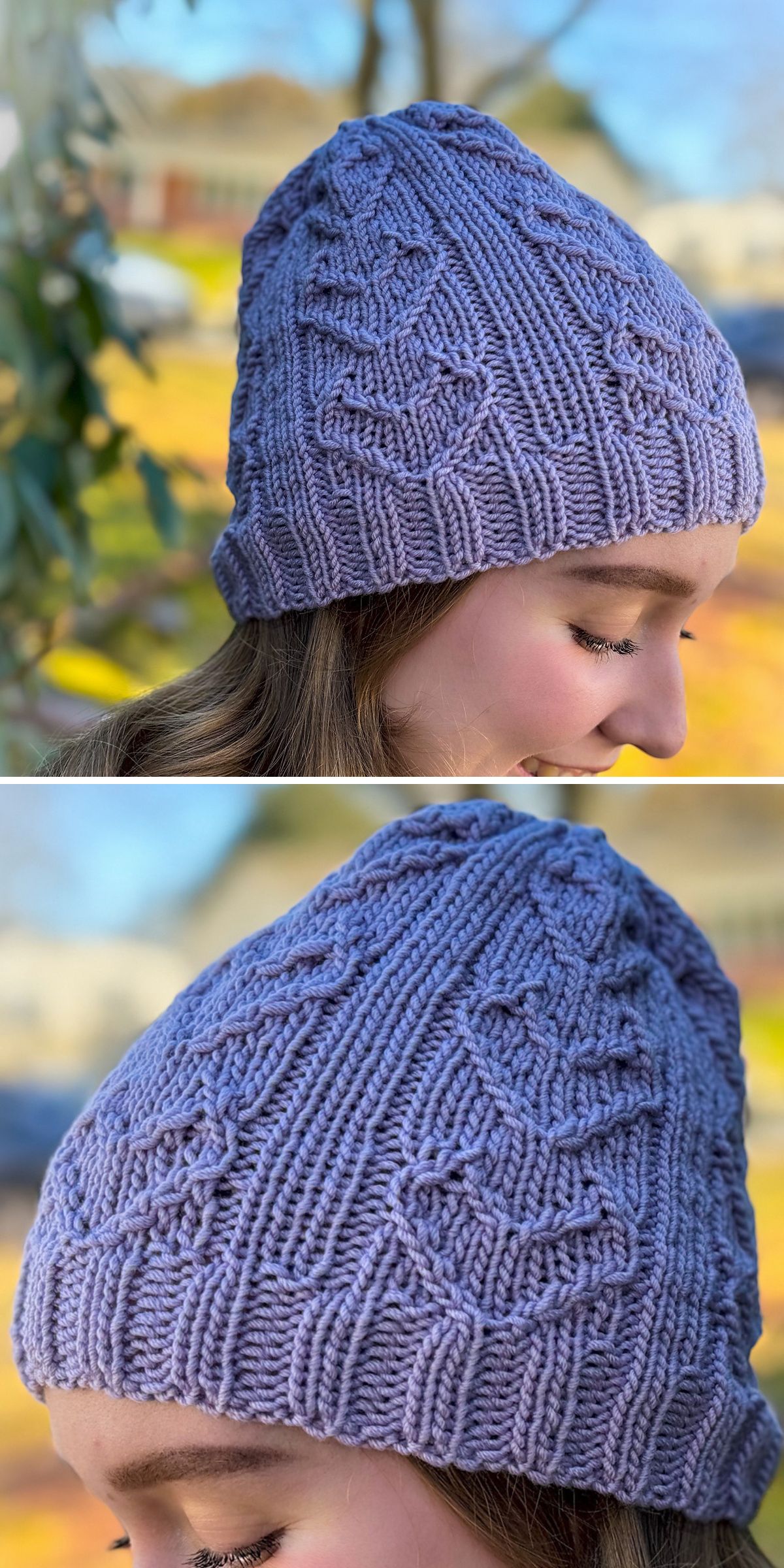a woman wearing a knit hat with a cabled design in a violet color