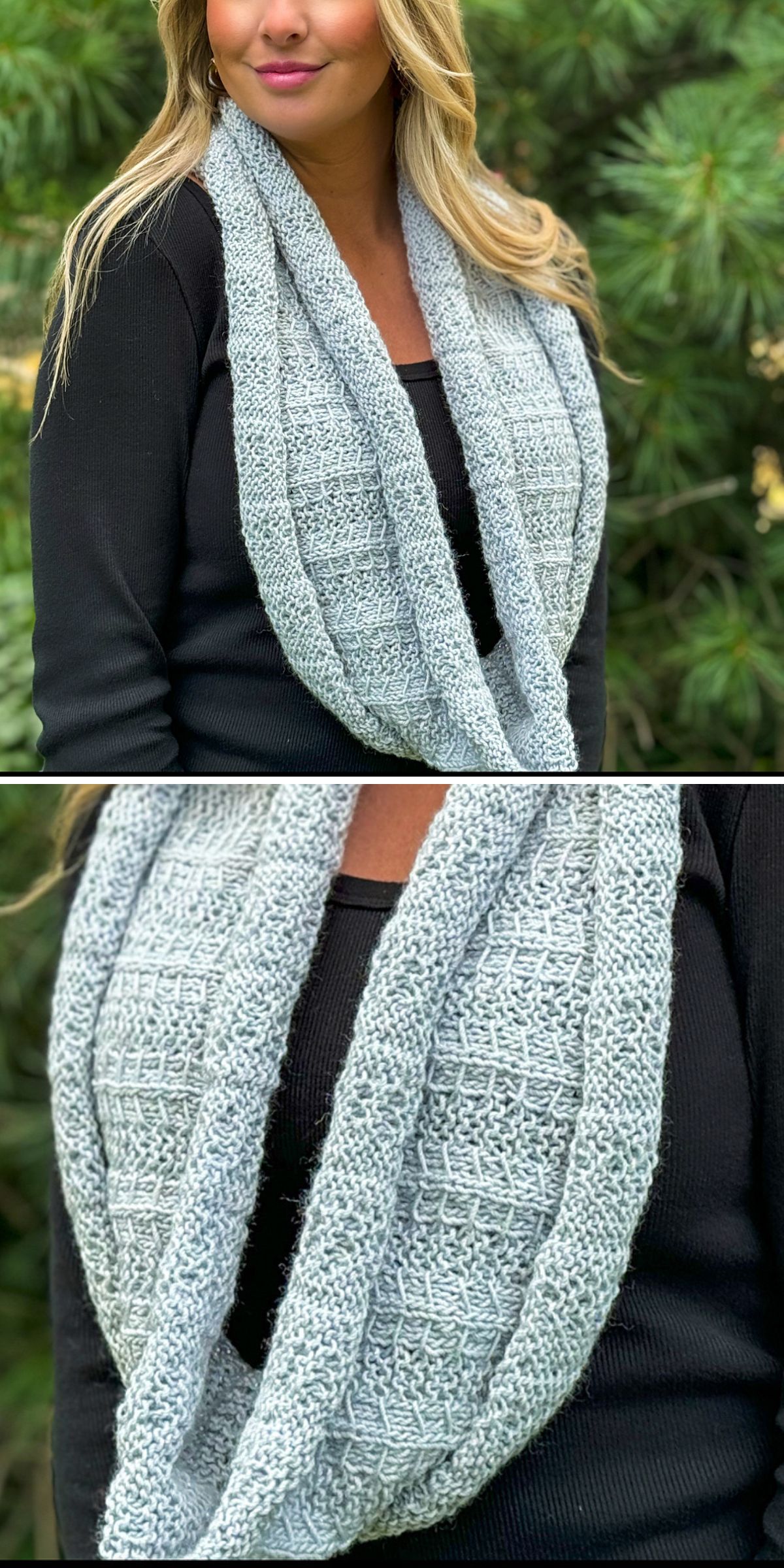 A woman stands outdoors, elegantly donning a light gray textured infinity scarf over a black top. The intricate scarf knitting patterns give the accessory a unique charm, elevating her outfit with effortless style.