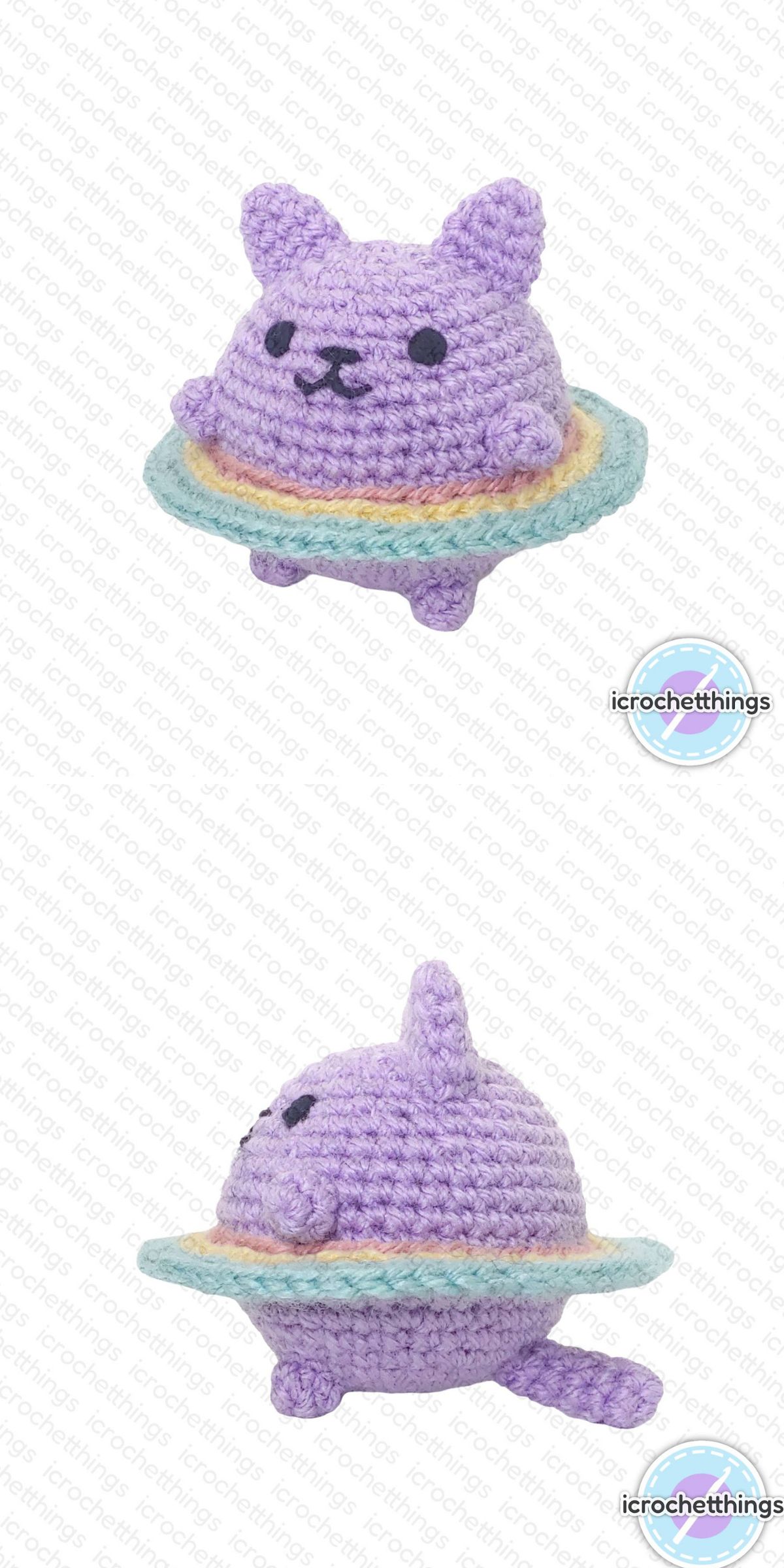 A whimsically crocheted cat, adorned in purple hues with a ring circling its body, captures the essence of a crochet cat resembling a tiny planet.