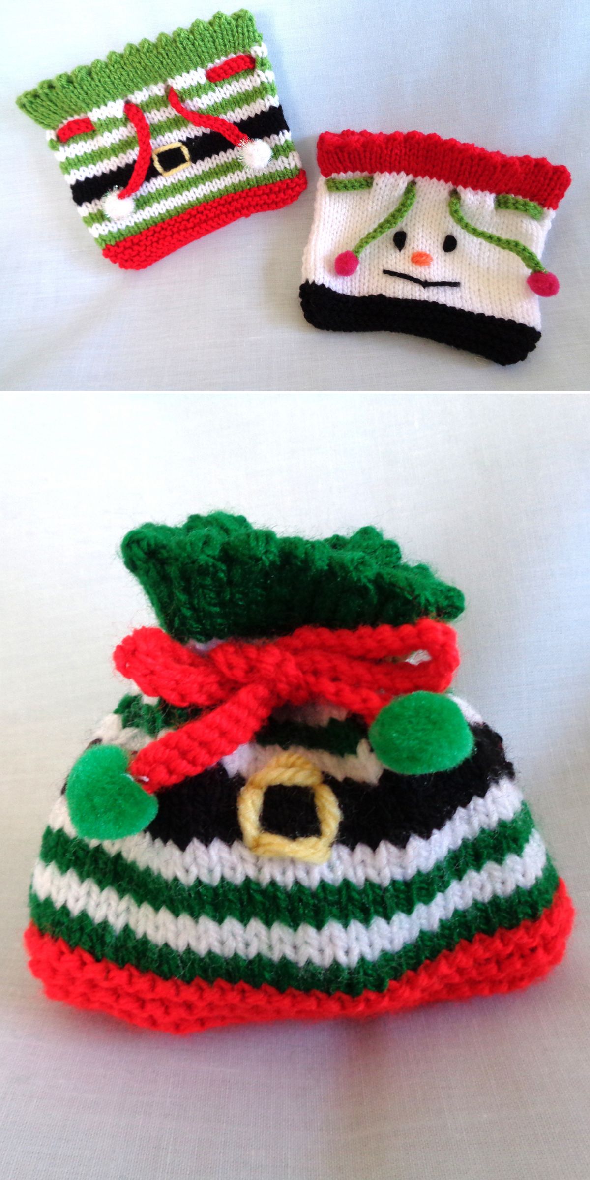 Three knitted holiday-themed gift bags make charming knitted Christmas decorations: one with stripes and a red bow, one featuring a snowman face, and one Santa Claus-inspired with a belt and pom-poms.