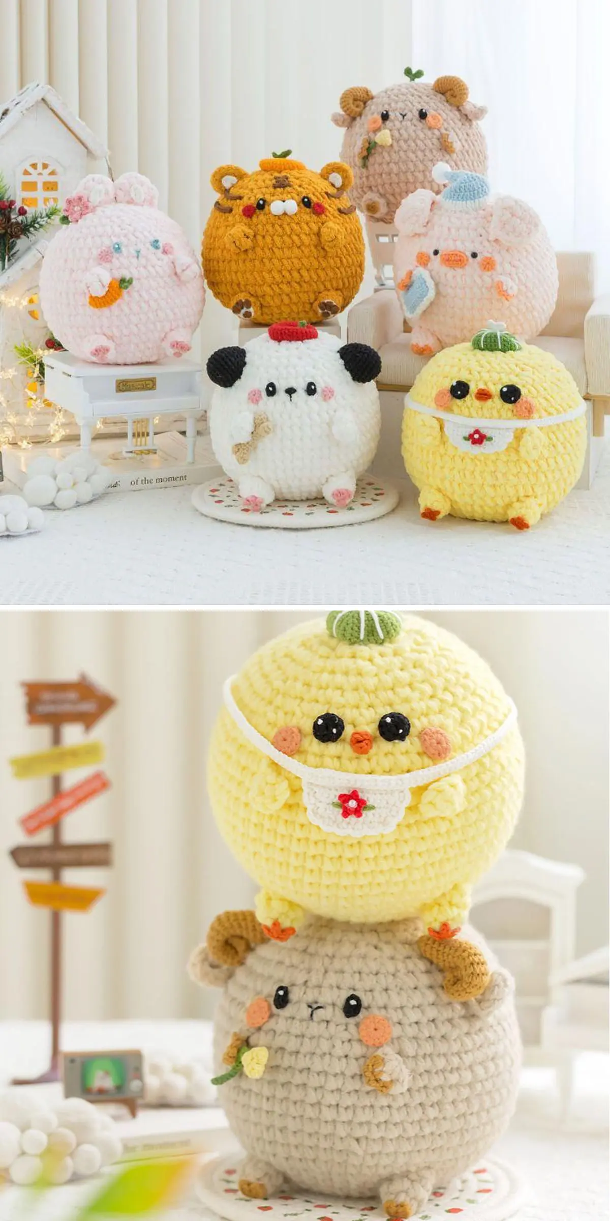 Crochet Amigurumi animal plushies, featuring a bear, chick, and rabbit, are displayed on a table. In the second image, a delightful yellow chick amigurumi is stacked on a charming beige toy.