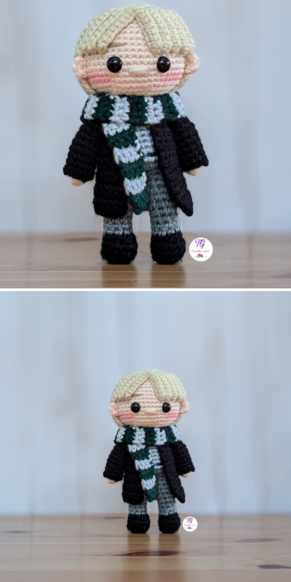 A crocheted doll, reminiscent of Harry Potter, with blonde hair, wearing a black coat, gray pants, and a green and white scarf from intricate crochet patterns is placed on a wooden surface.