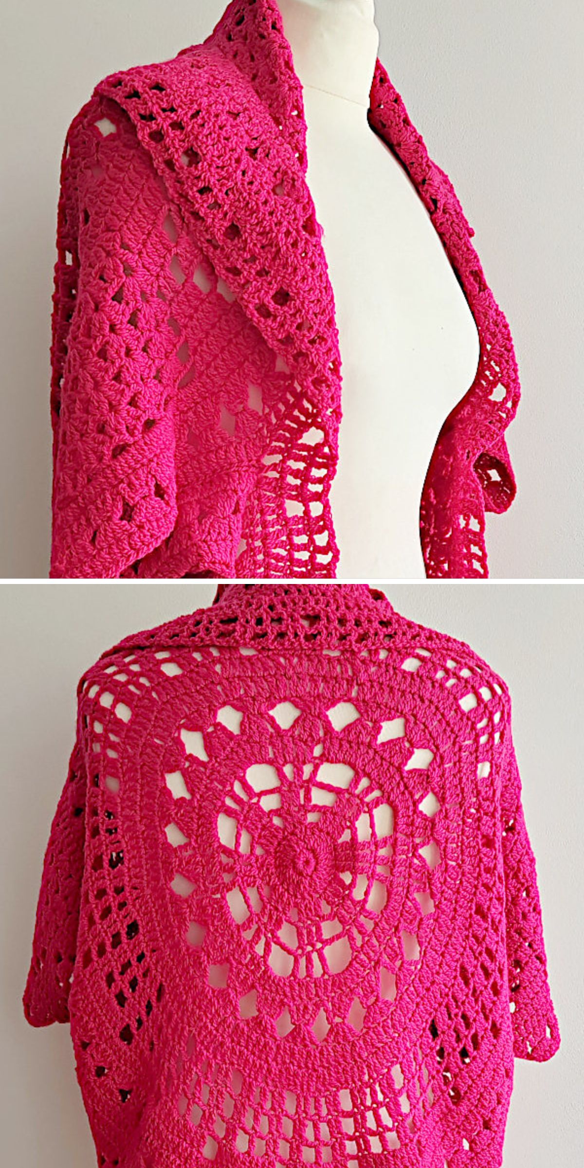 A pink crochet shawl draped over a mannequin showcases an intricate openwork pattern, with a circular motif on the back, echoing the elegance of crochet cardigans.