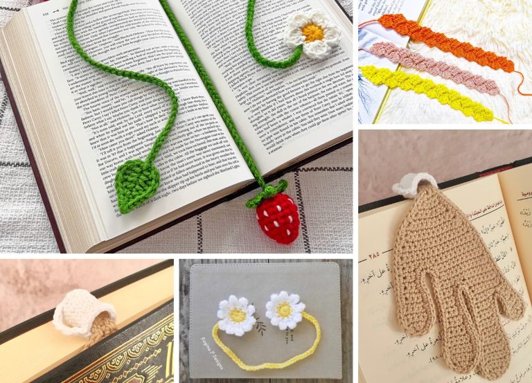 Crochet bookmarks on open books, including a strawberry, daisy, mittens, scalloped designs, and a white flower on a yellow string. Various books and textured surfaces in the background.