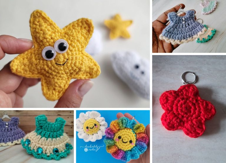 Collage of crocheted items: a yellow star with eyes, dresses, a flower, and a red keychain.