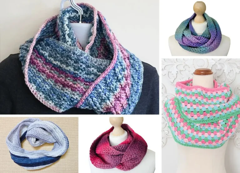 A collage of crocheted infinity scarves in various colors and patterns displayed on mannequins and a flat surface.