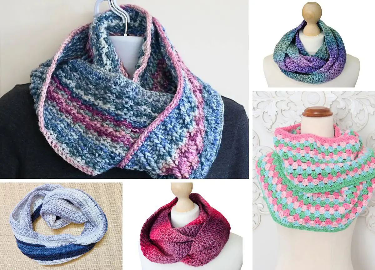 A collage of crocheted infinity scarves in various colors and patterns displayed on mannequins and a flat surface.