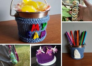 Collage of crochet items: small bucket covers, a keychain, a purple hat with flower designs, and a bucket holding colorful pencils.