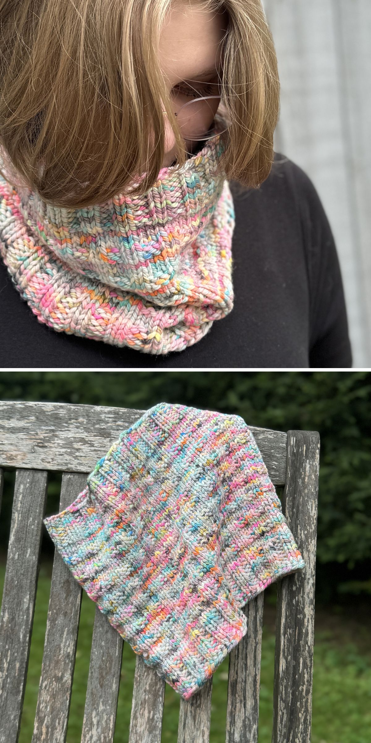 A person wearing a colorful knit cowl. Below, the neck warmer is displayed on a wooden chair outdoors.