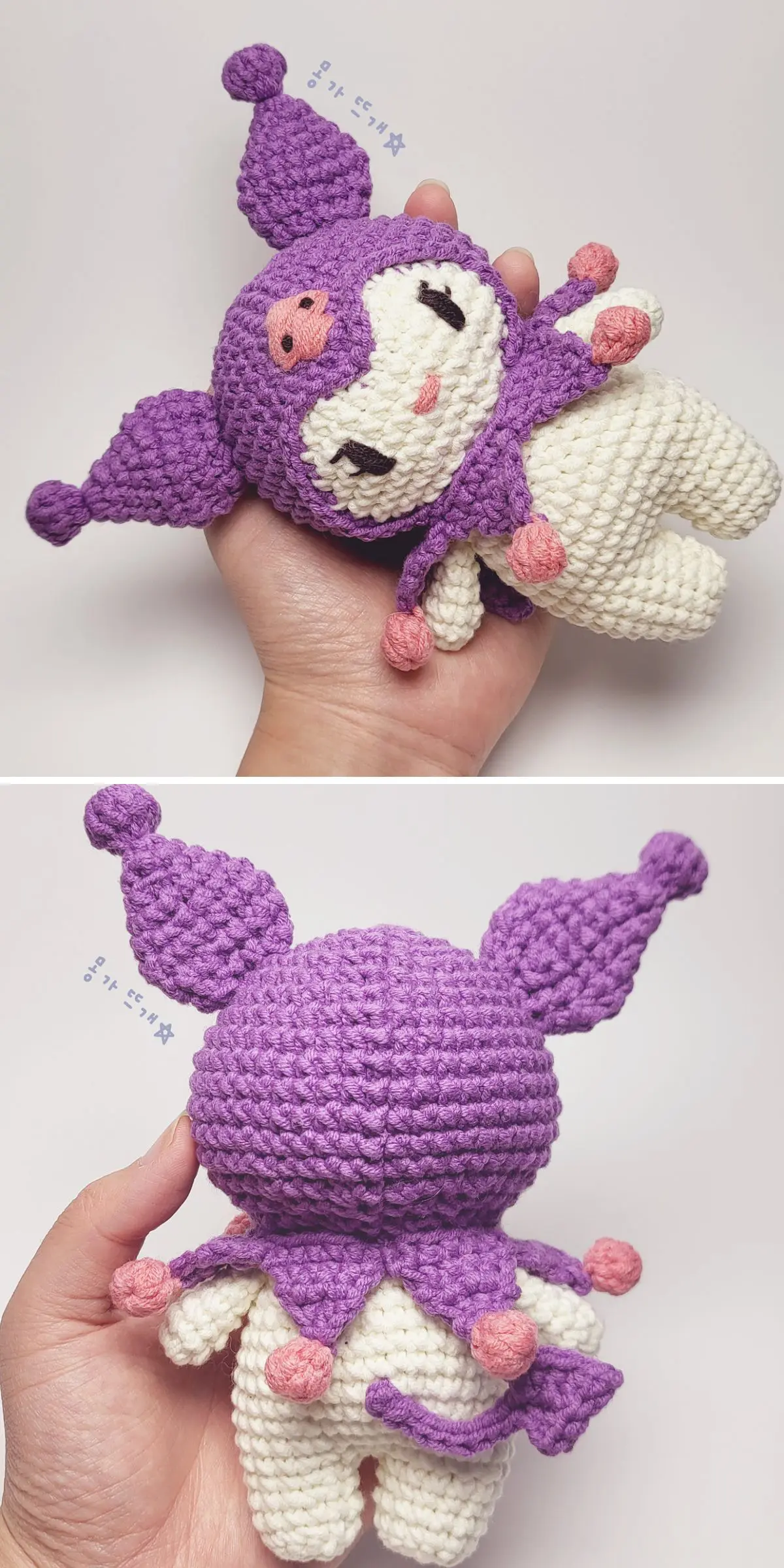 A hand holding a crochet amigurumi plush toy with a purple jester hat and outfit, featuring pink pom-pom accents and a stitched face. Another view shows the back of the toy.
