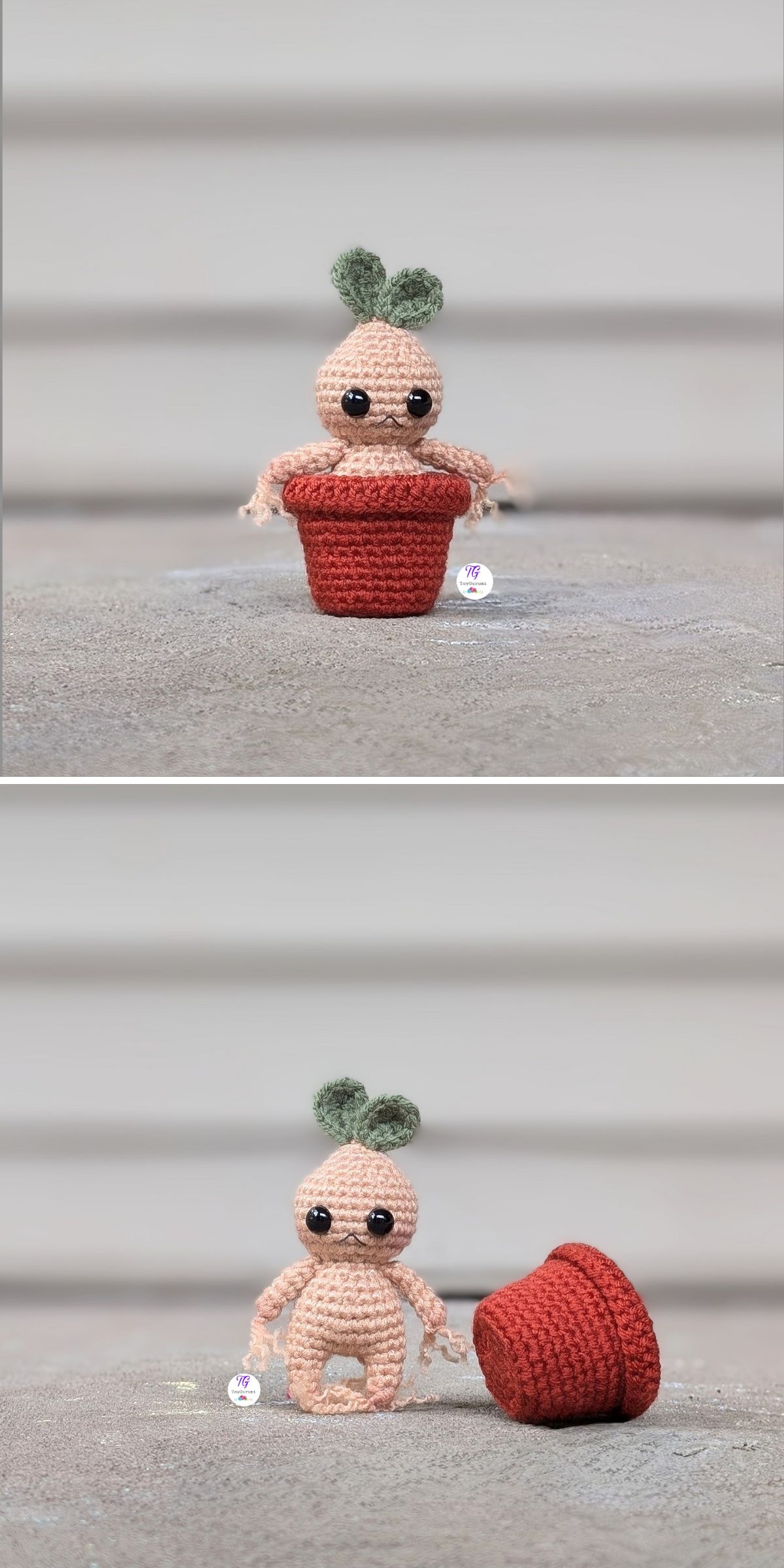A whimsical crocheted figure, inspired by Harry Potter crochet patterns, takes the form of a plant creature. It sits charmingly in a pot in one image and stands beside the overturned pot in another.