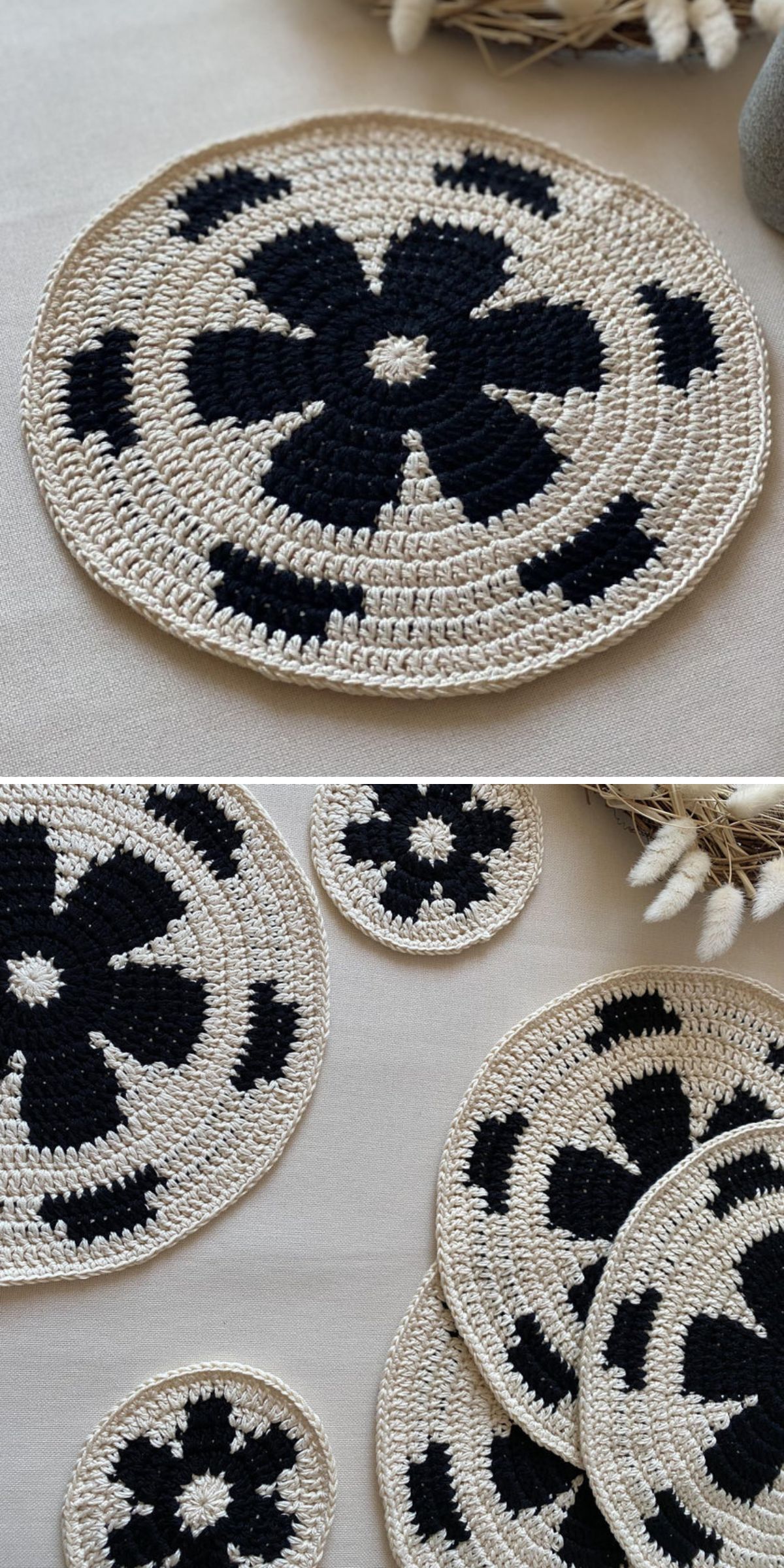 a round crochet placemat with a flower motif