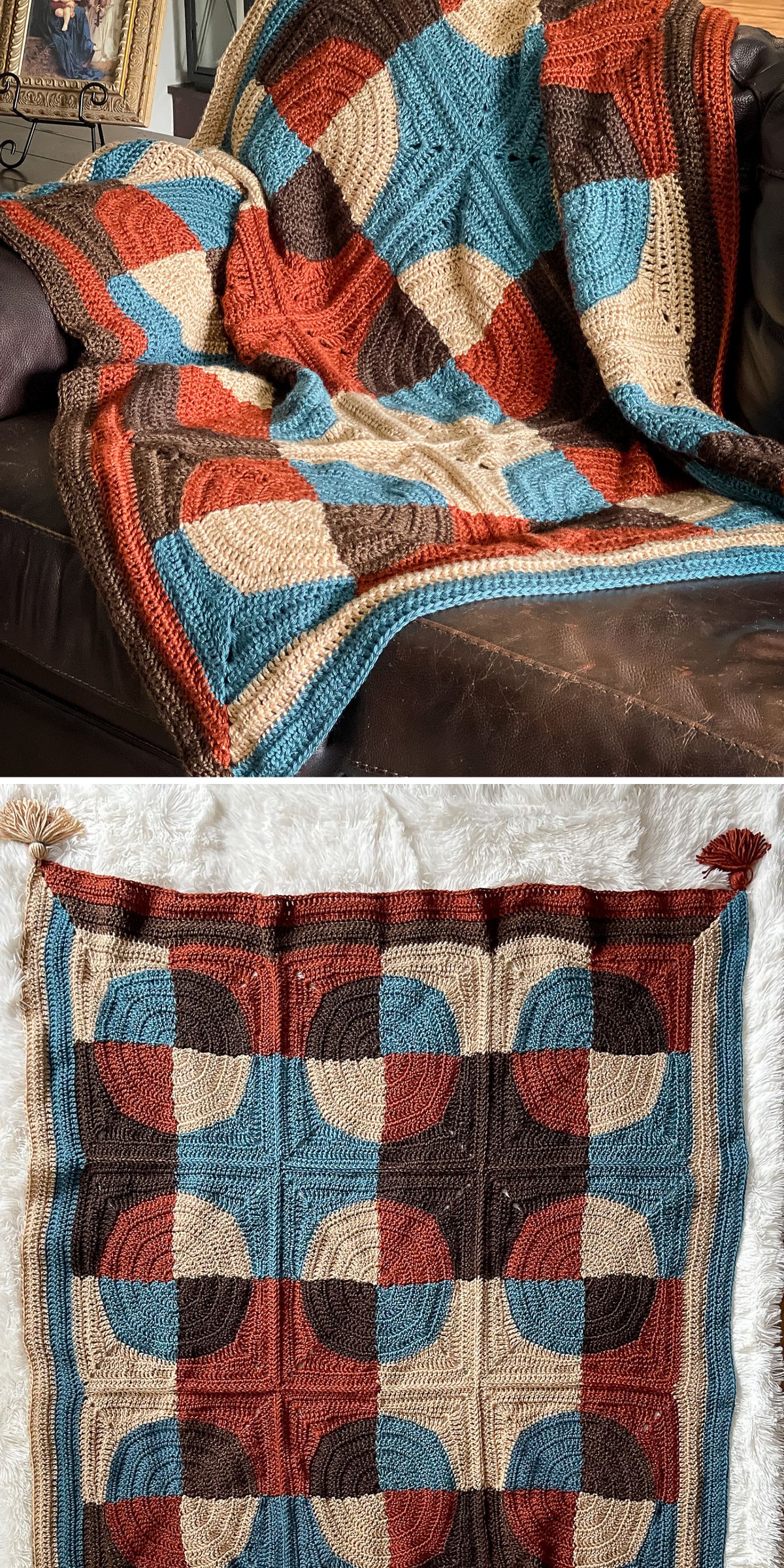 A Crochet Square Motif Blanket with a geometric square and circle pattern in blue, red, brown, and beige is draped over a sofa and laid flat on a surface.