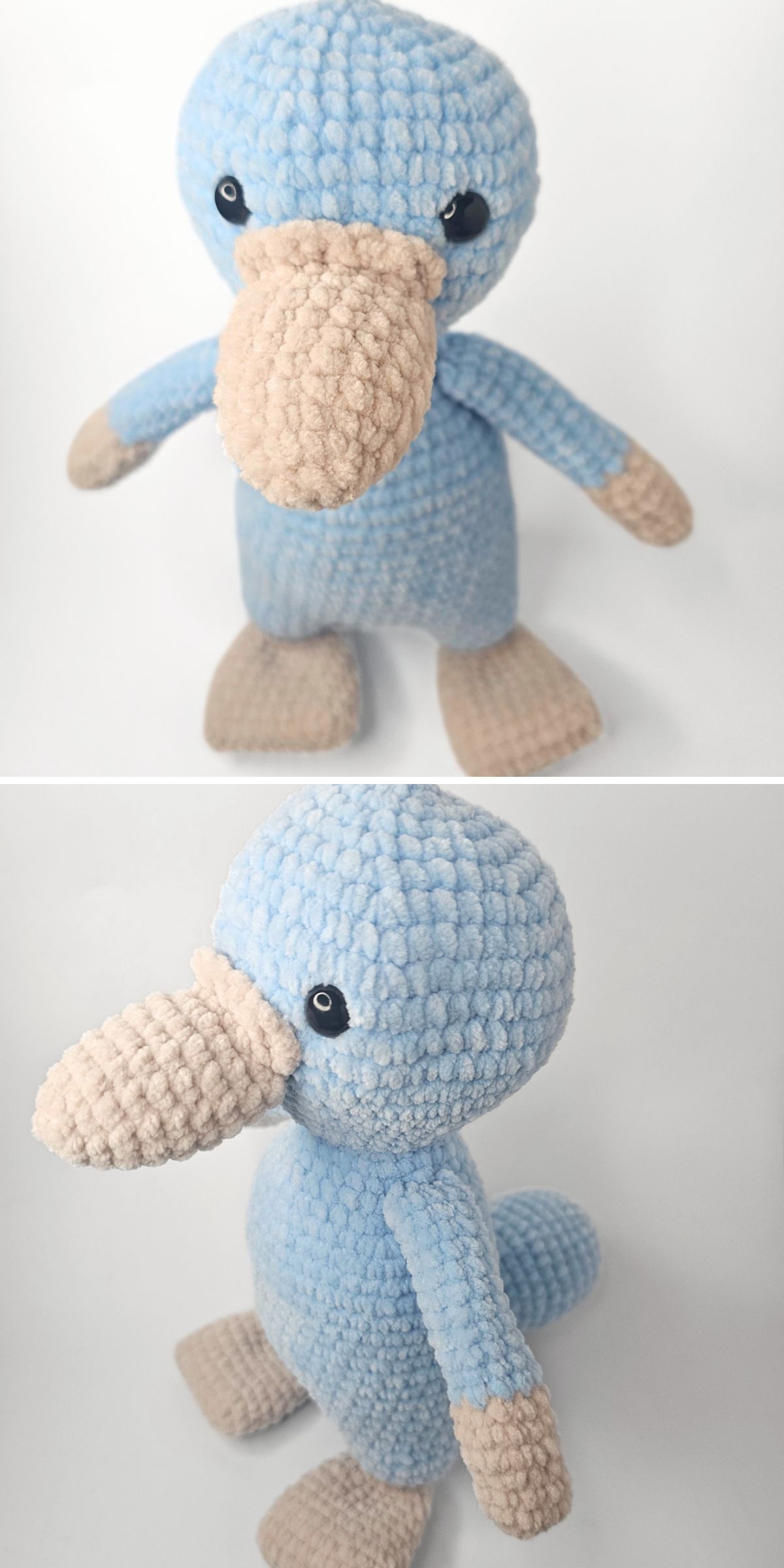 Crochet amigurumi blue plush platypus toy with a beige beak and feet, shown in two angles on a plain white background.