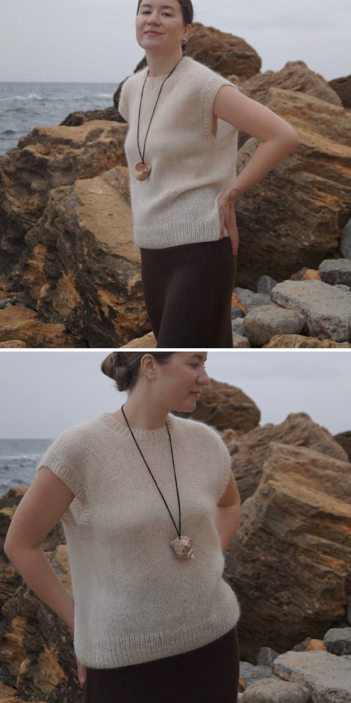 A person wearing a beige knit vest and long necklace poses gracefully by the rocky coastline.