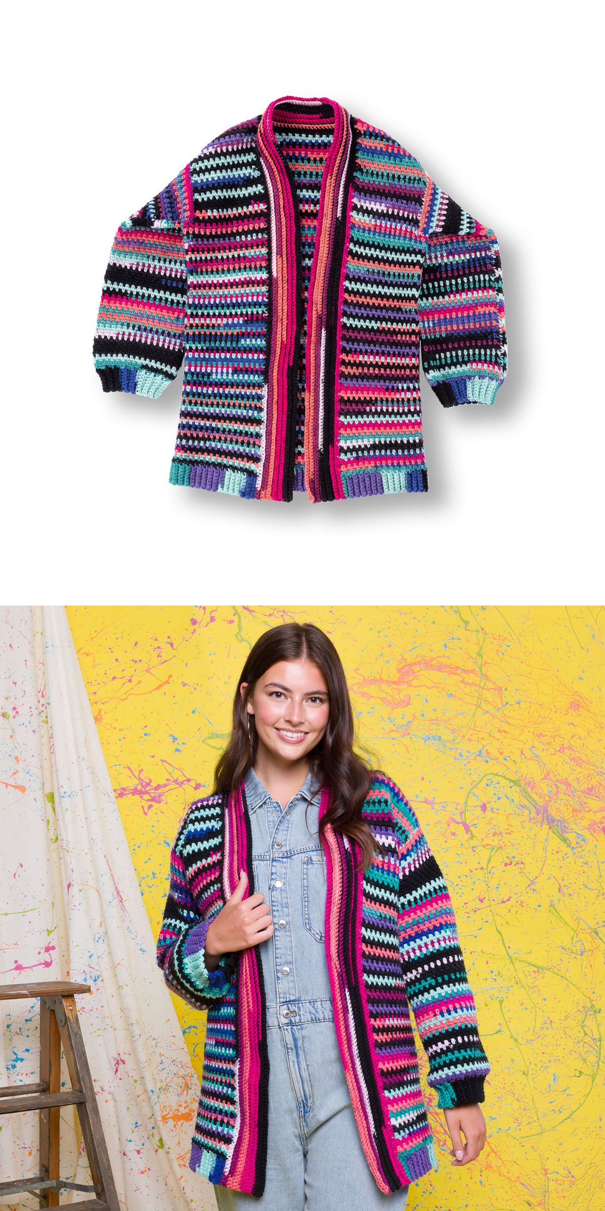 A vibrant, striped crochet cardigan is showcased above, elegantly worn by a person against a yellow paint-splattered backdrop.