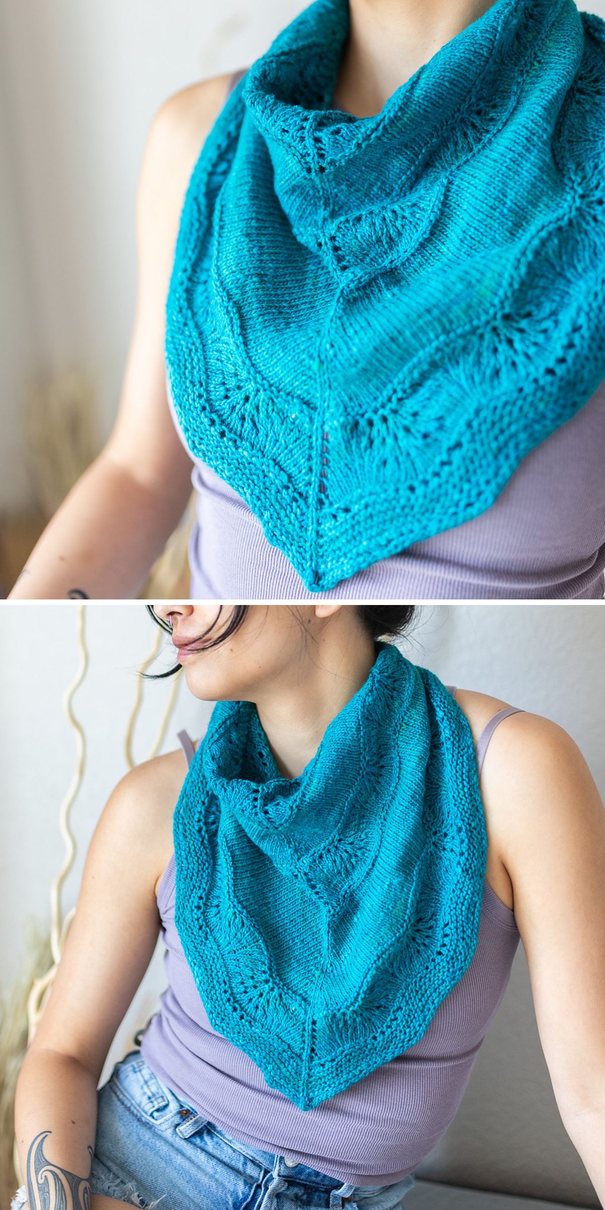 A person wearing a turquoise knit cowl draped elegantly over a light purple top.