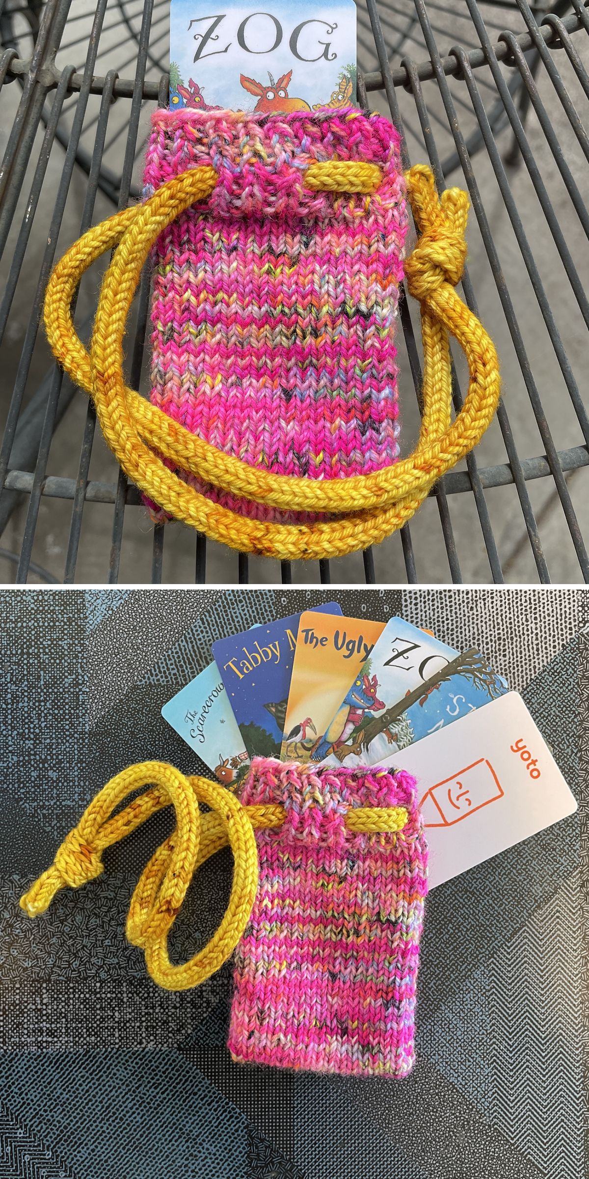 a small knitted drawstring pouch in variegated pink color with a thick yellow cord