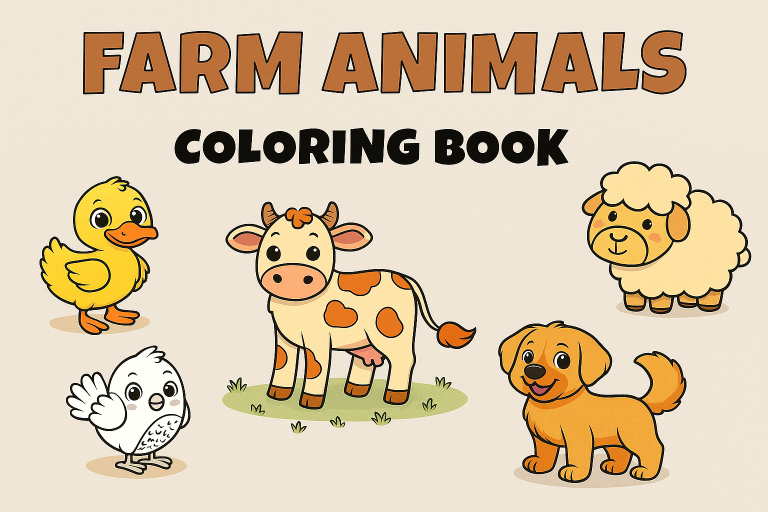 Farm Animals Coloring Book cover image with partially colored duck, cow, sheep, and dog, and uncolored chicken, on a white background with 'Farm Animals Coloring Book' title