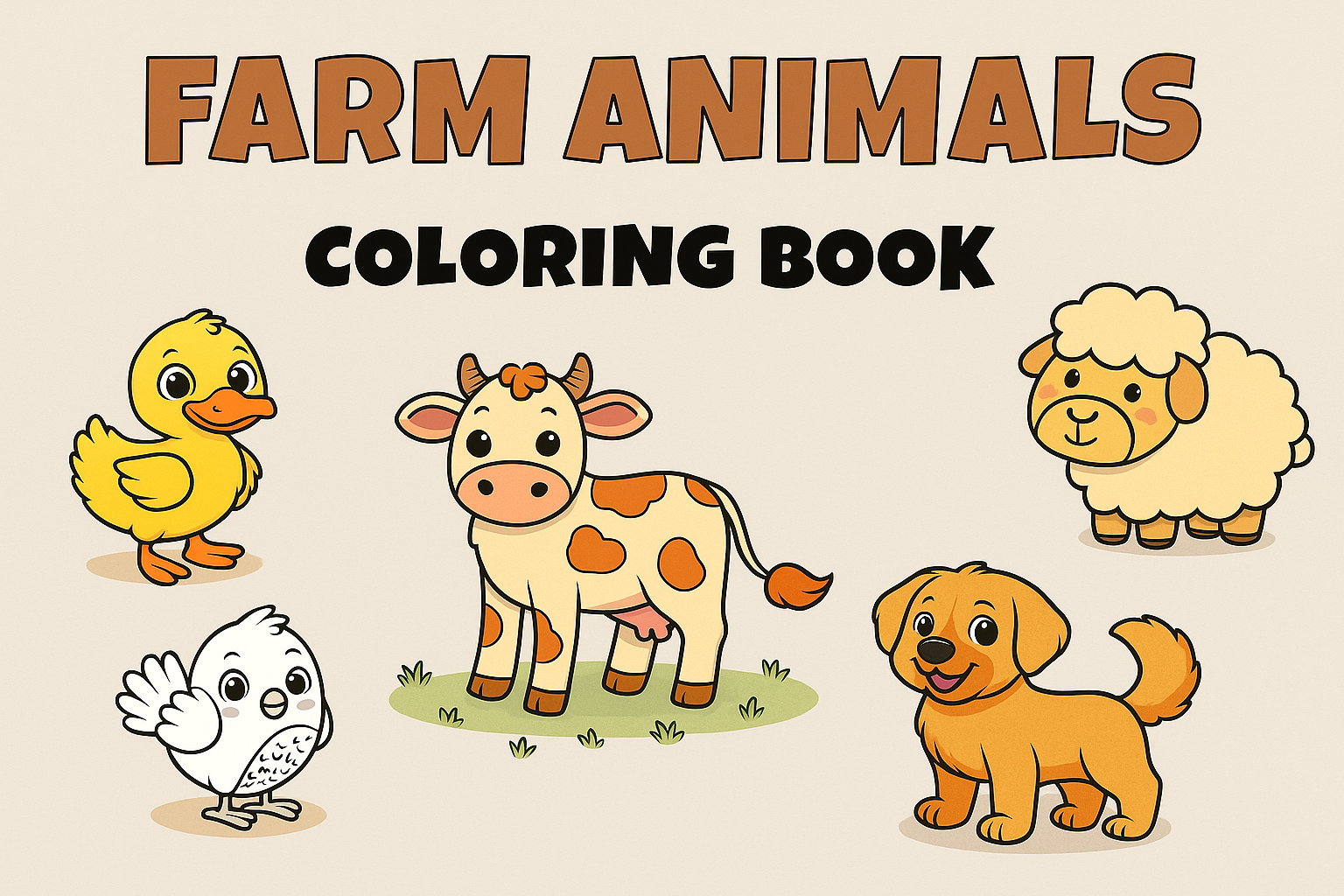 Farm Animals Coloring Book cover image with partially colored duck, cow, sheep, and dog, and uncolored chicken, on a white background with 'Farm Animals Coloring Book' title