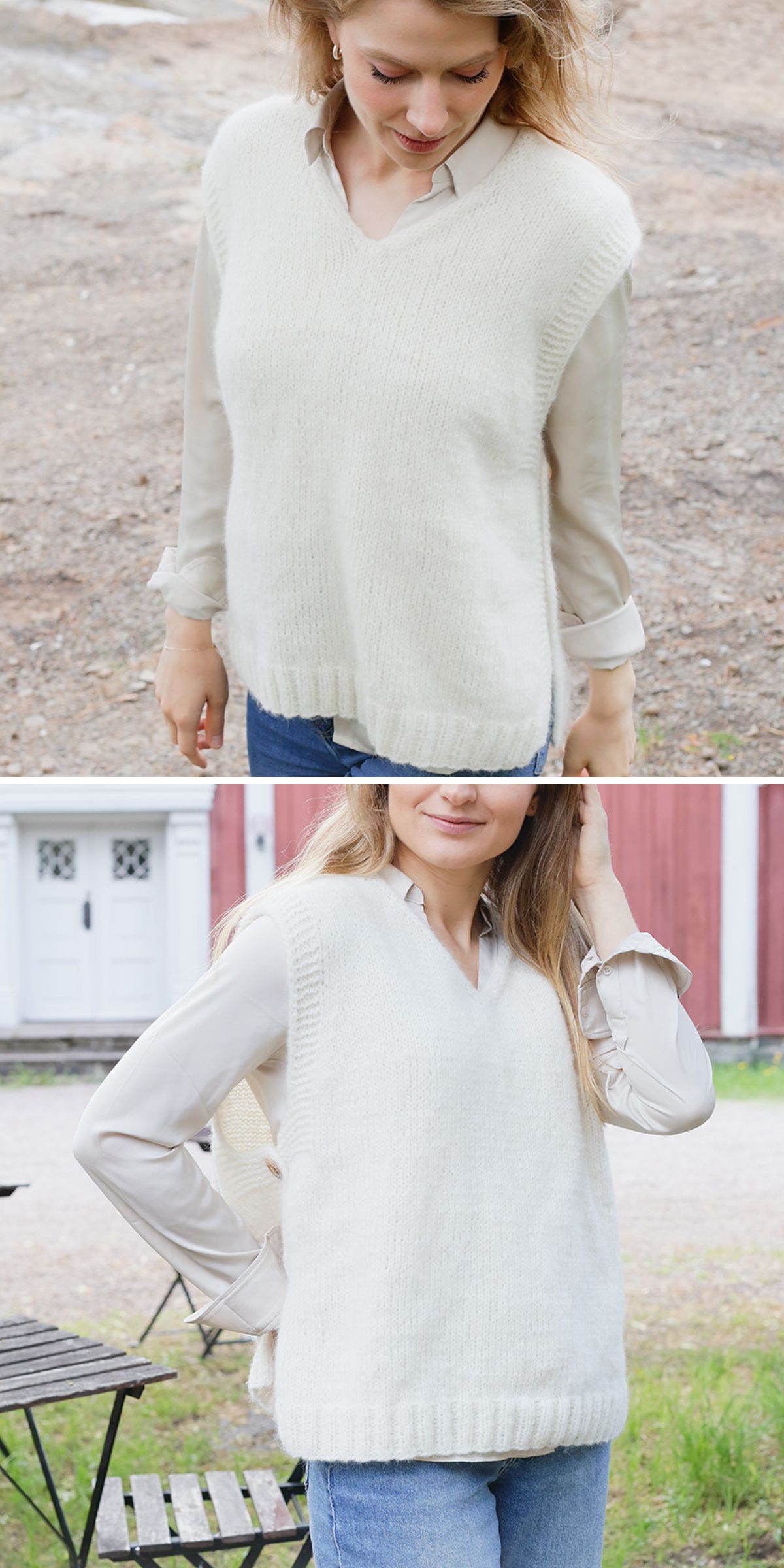 A person wearing a cream knit vest over a beige long-sleeve shirt and jeans stands outdoors.