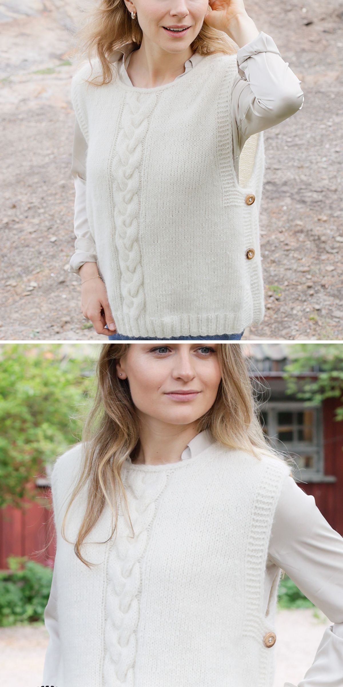 A person wearing a white knit vest with a braided pattern stands outdoors, blending style and texture effortlessly.