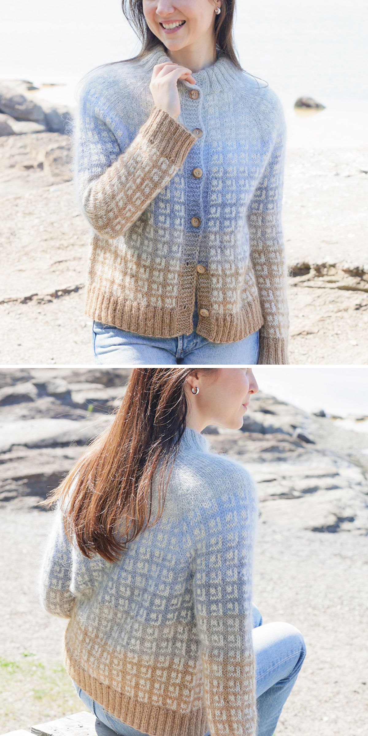 a woman wearing a knitted cardigan with a unique pattern
