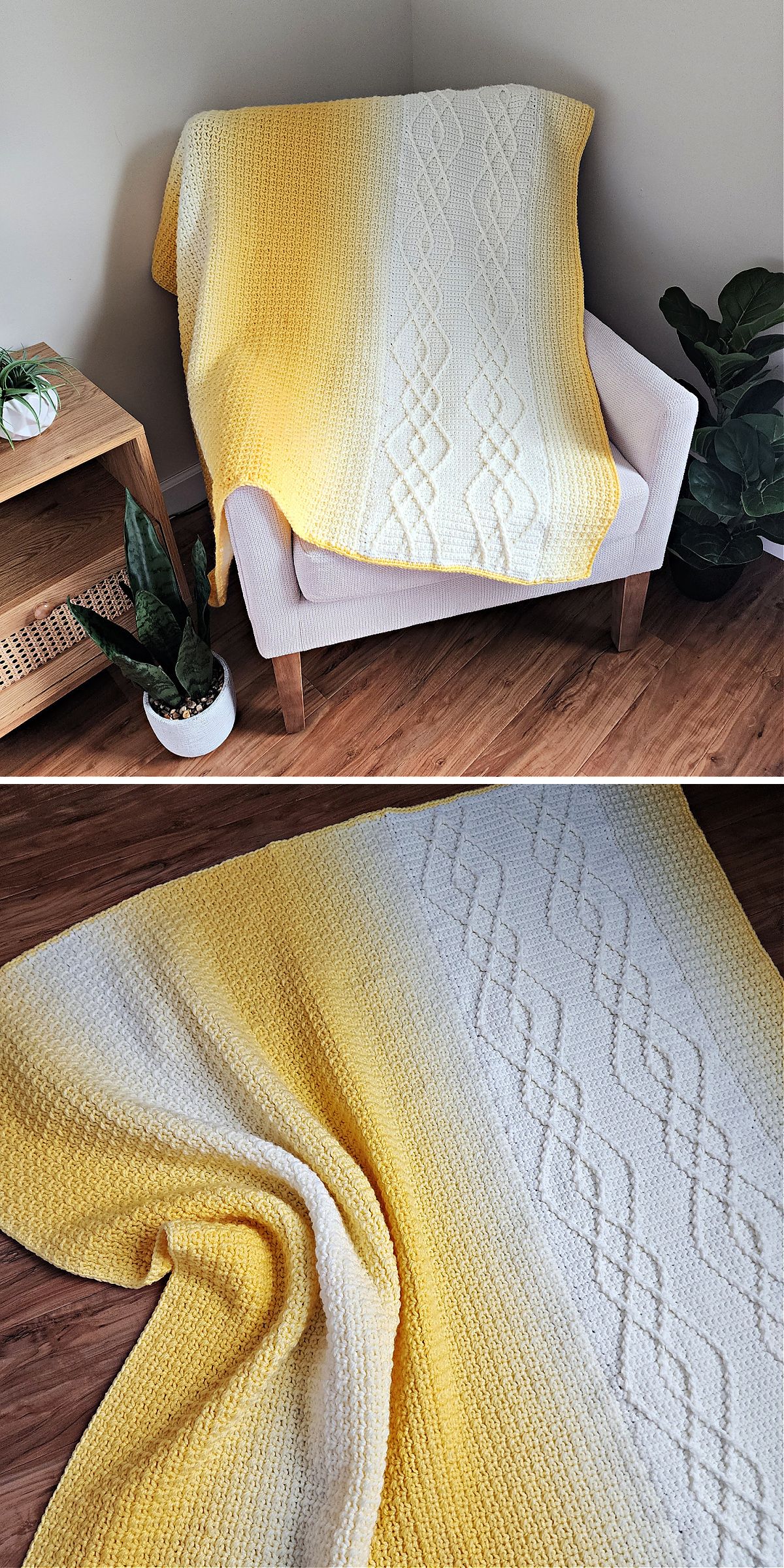 a crochet blanket in yellow-white ombre colorway and elegant cabled motifs on one side