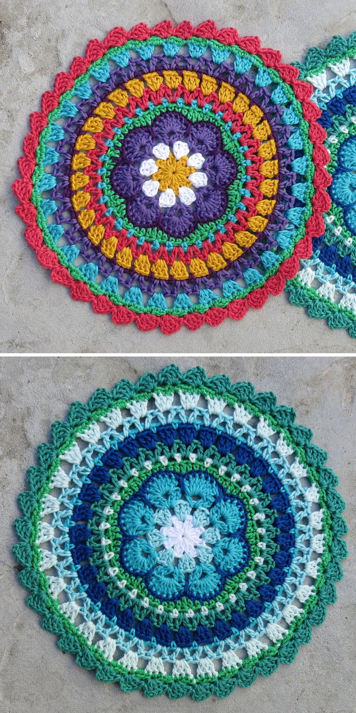 Two round crocheted mandalas, one featuring a vibrant floral mandala pattern with multicolored yarn and the other in calming shades of blue and green with a scalloped border, are displayed on a gray surface.