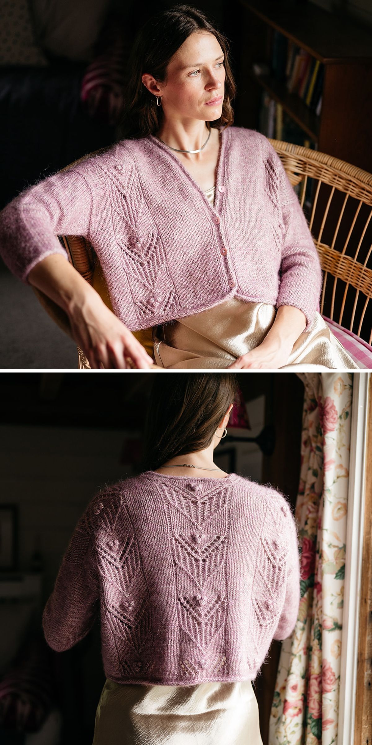 a cropped knit cardigan in violet with a V-neckline 