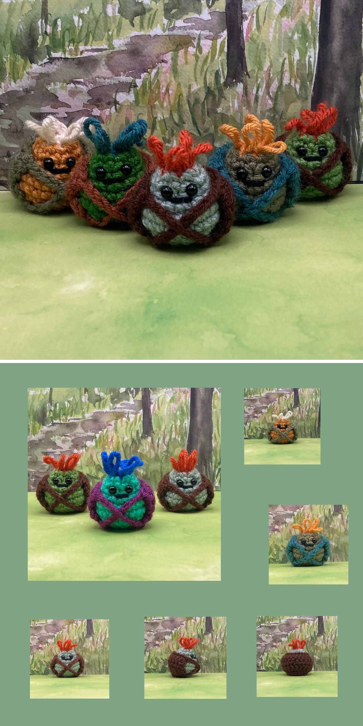 Six crochet amigurumi creatures, each with vibrant colors and unique expressions, are displayed on a green surface against a watercolor forest background.