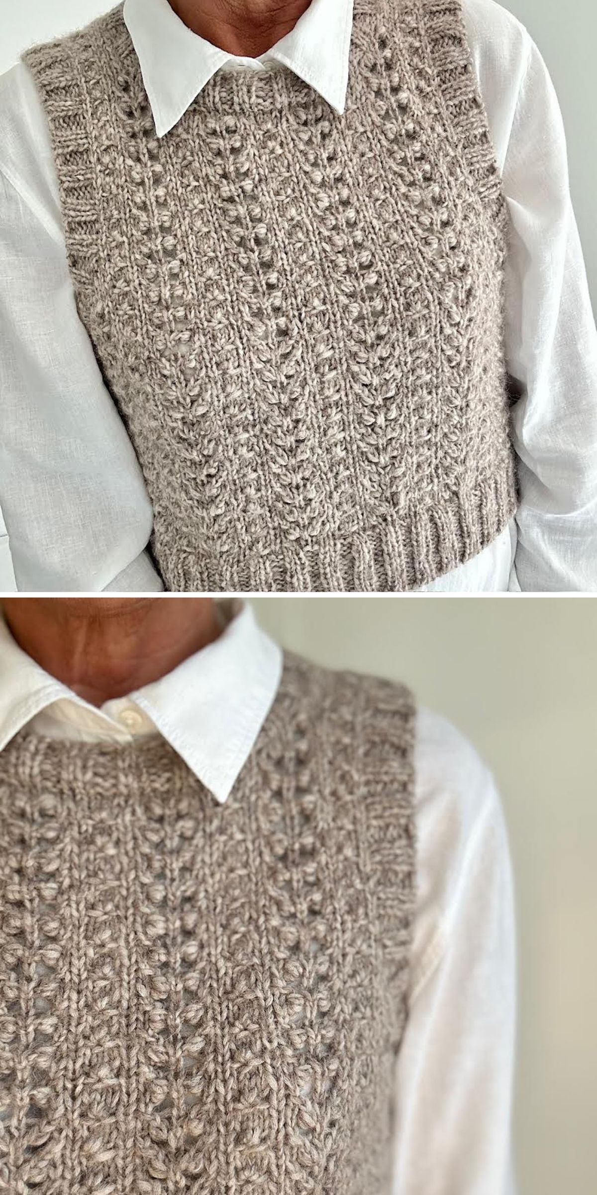 a beige knitted vest featuring wheat-inspired stitches