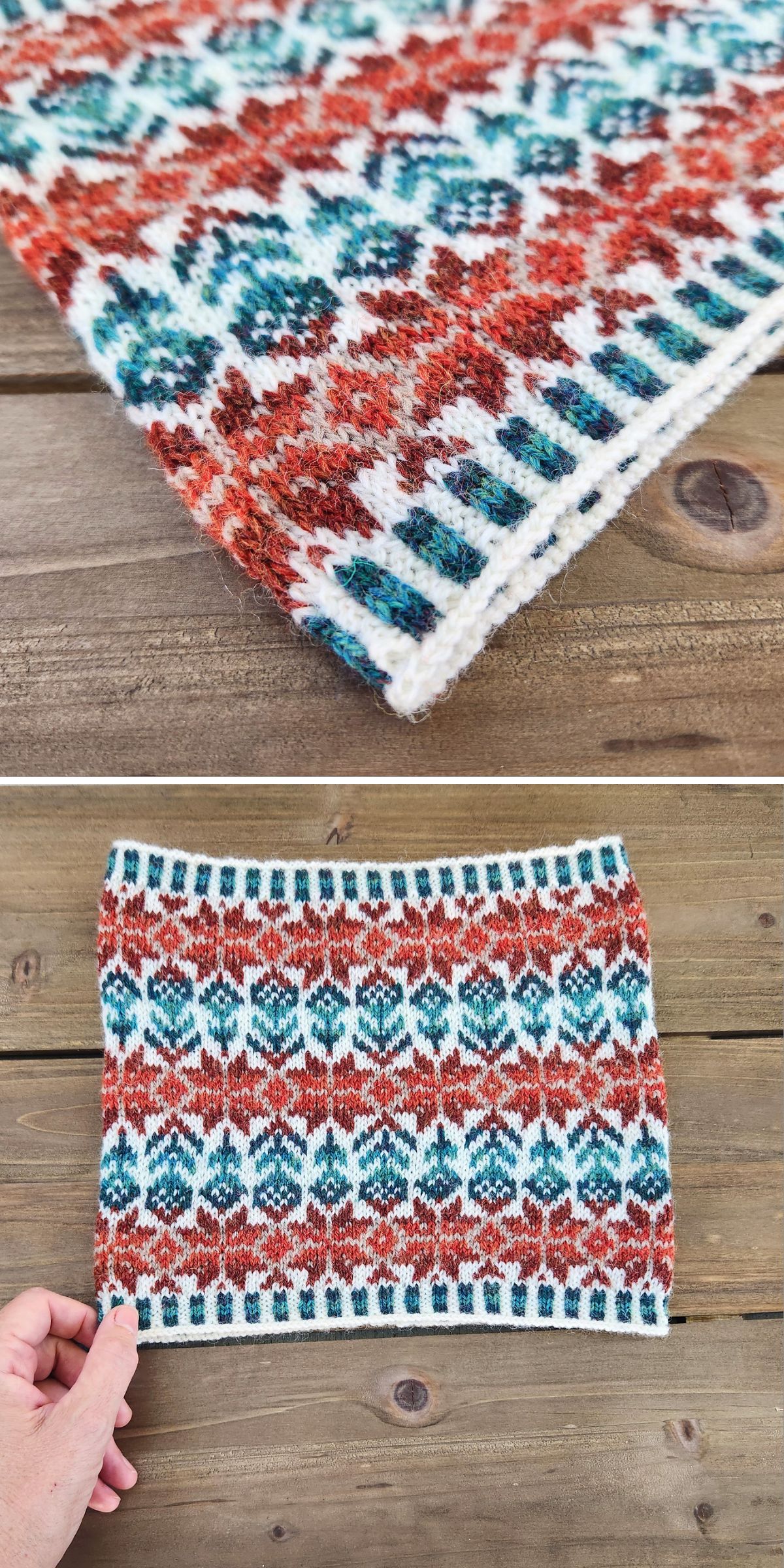 Knitted swatch with multicolored geometric patterns in red, blue, and white lays on a wooden surface. A hand holds the swatch for display, offering inspiration for your next knit cowl project.
.