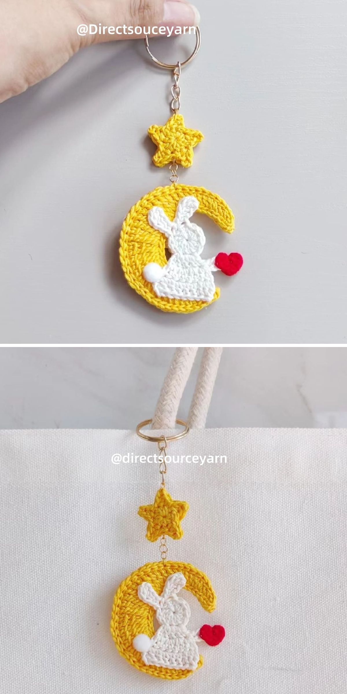 a crochet keychain with a crescent moon and a small rabbit holding a tiny red heart