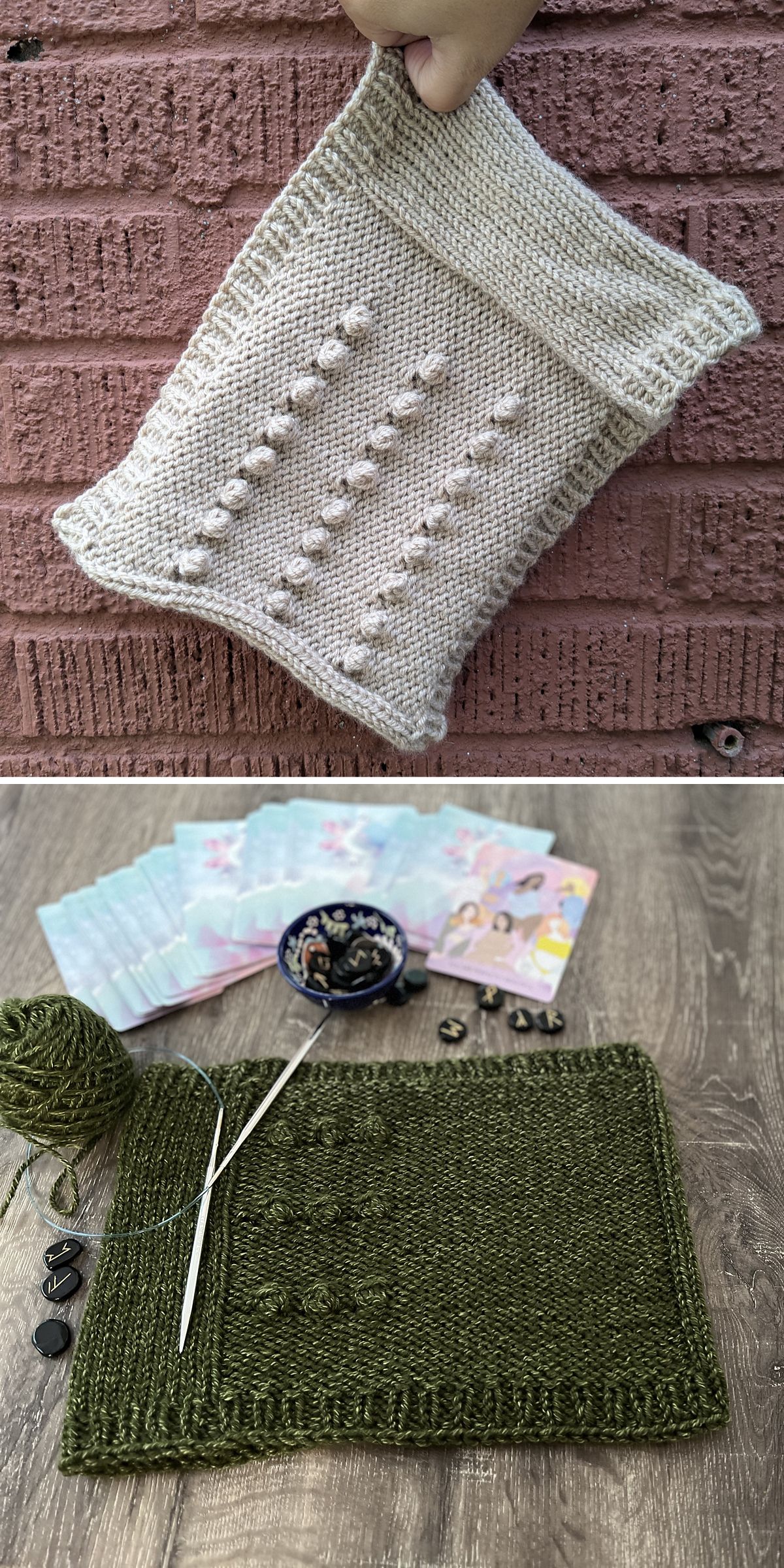  a knitted cowl with bobble stitches in white