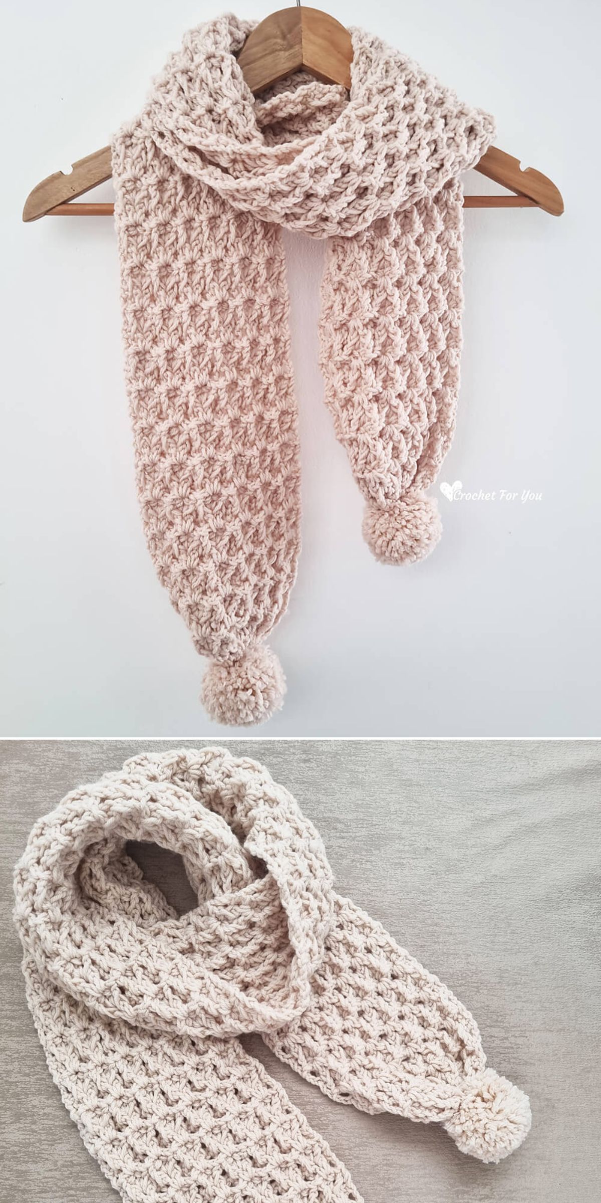 beautifully textured, long crochet scarf  with pom-poms on each end