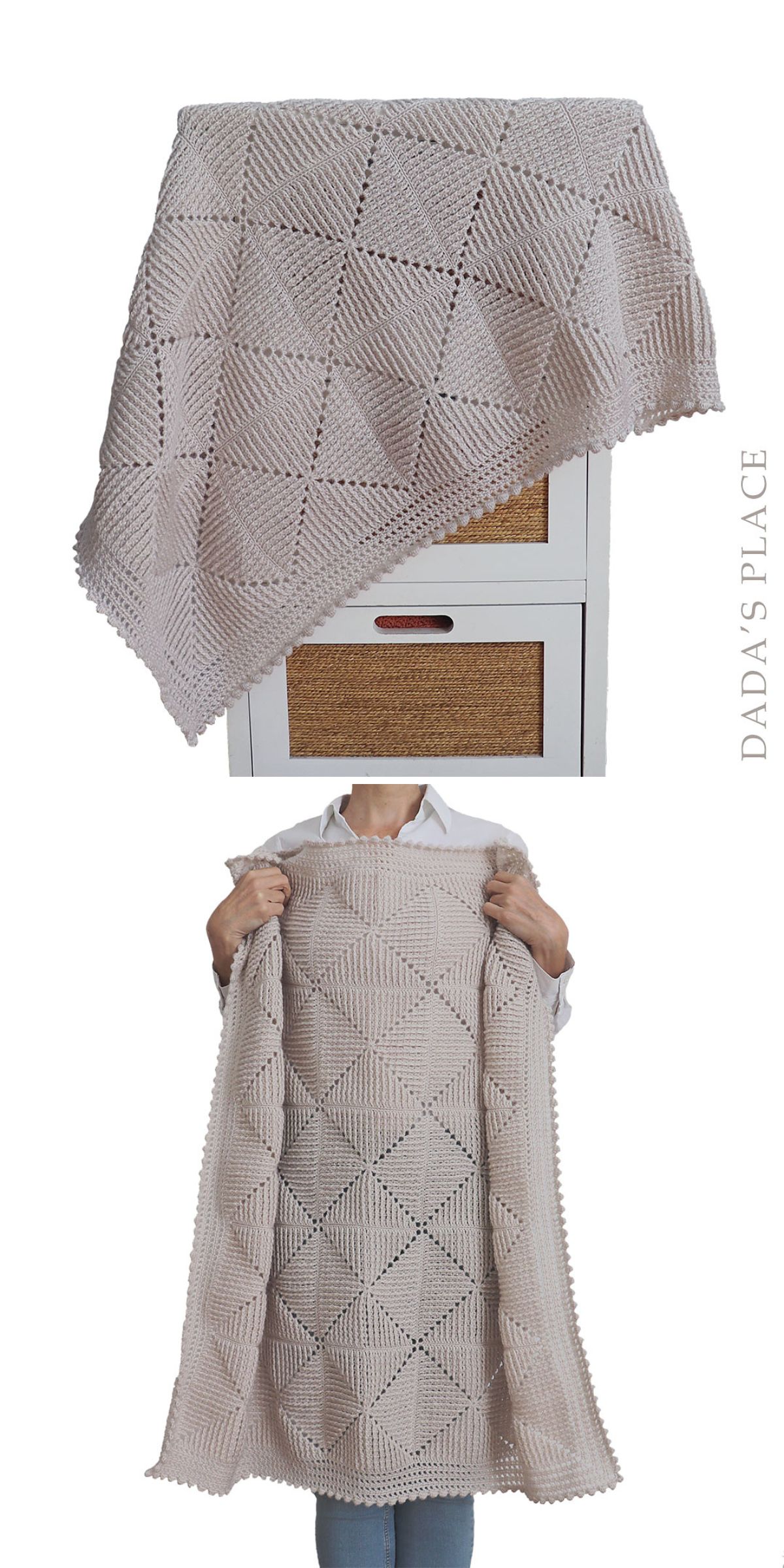 a crochet blanket with a diamond lace design