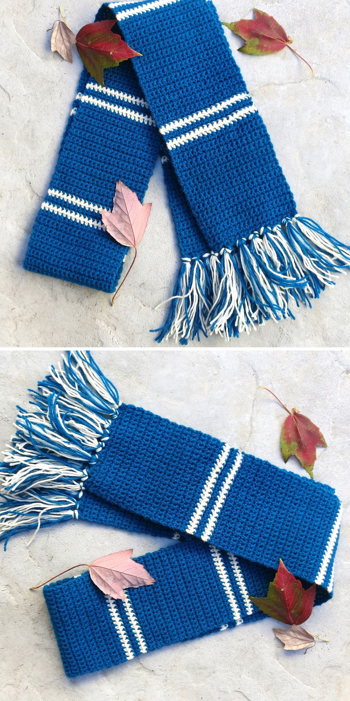 a blue crocheted scarf with contrasting white stripes and tassels
