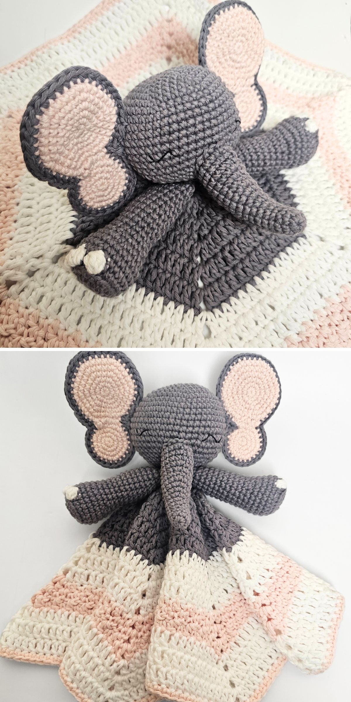 a crochet baby lovey with an elephant amigurumi