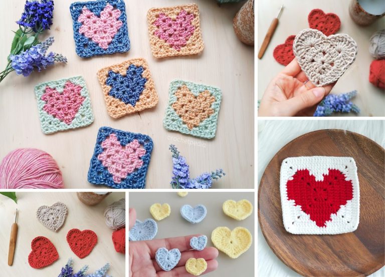 Various crochet heart squares and heart shapes on display, alongside crochet hooks and yarn, including colorful squares and standalone hearts in different colors and sizes.