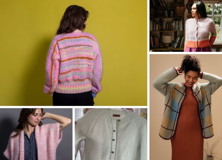 Collage of five women wearing various hand-knitted sweaters, including stylish knit cardigans, in different colors and patterns, set against diverse indoor backgrounds.