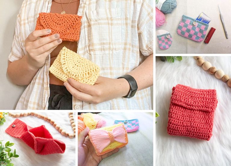 a collection of crochet wallets