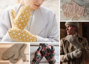 Collage of people wearing and displaying various knitted mittens in different colors and patterns.