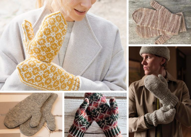 Collage of people wearing and displaying various knitted mittens in different colors and patterns.