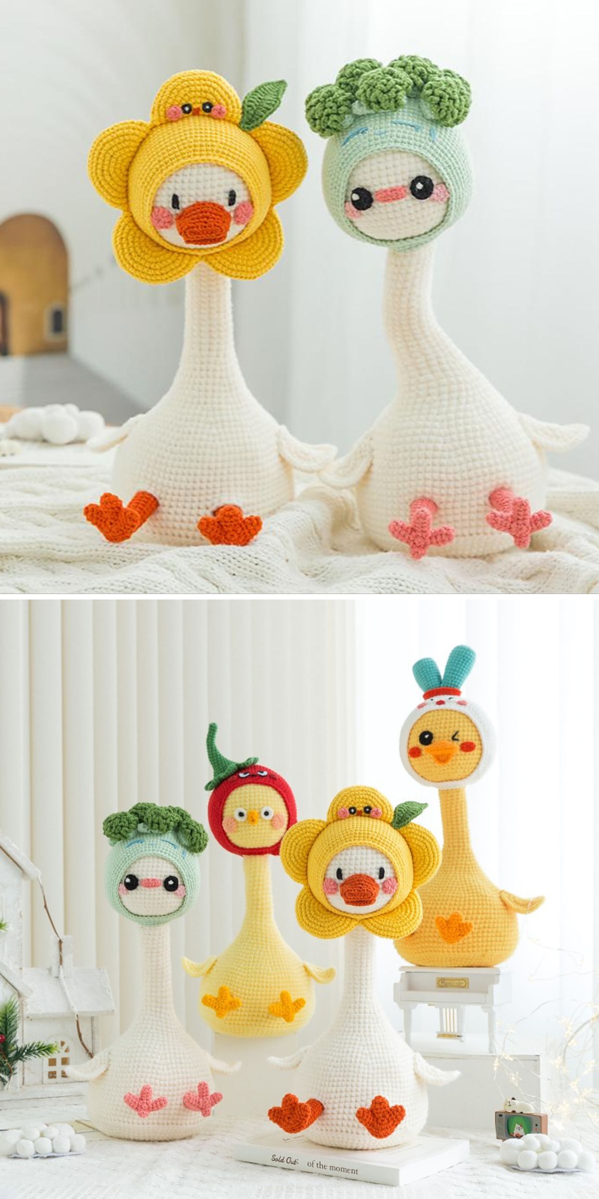 Crocheted duck Amigurumi plush toys with various hats, including a sunflower, broccoli, carrot, apple, and duckling, sit on a soft surface.